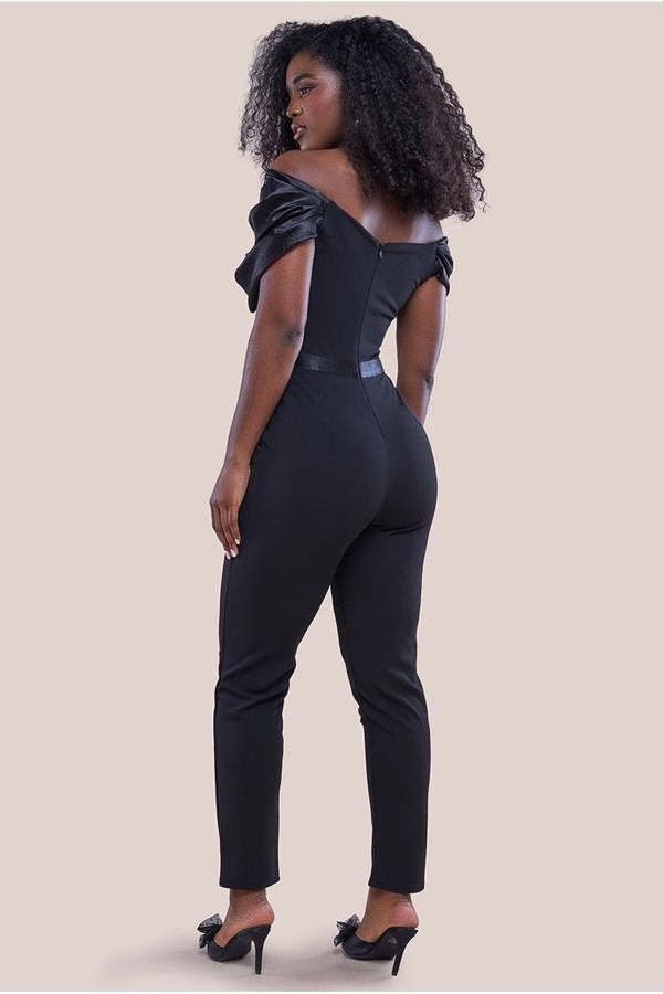 Corset Bodice Scuba & Satin Bardot Jumpsuit - Black TR351