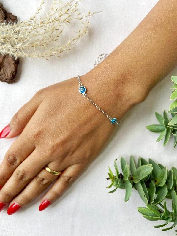The Colourful Aura Gold and Silver Evil Eye Charm Beaded Slim Chain Adjustable Lucky Eye Bracelet