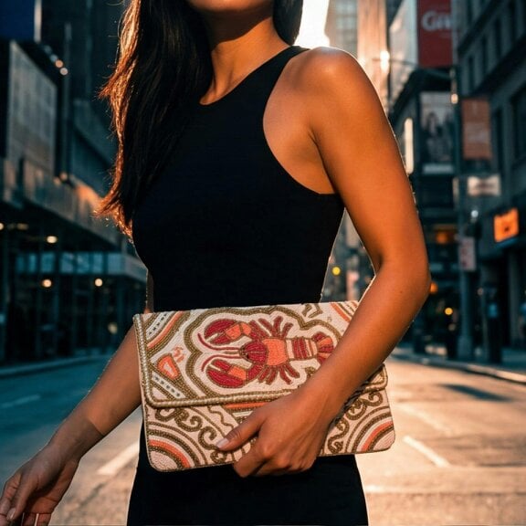 Gold Trip Lobster Beaded Clutch Bag