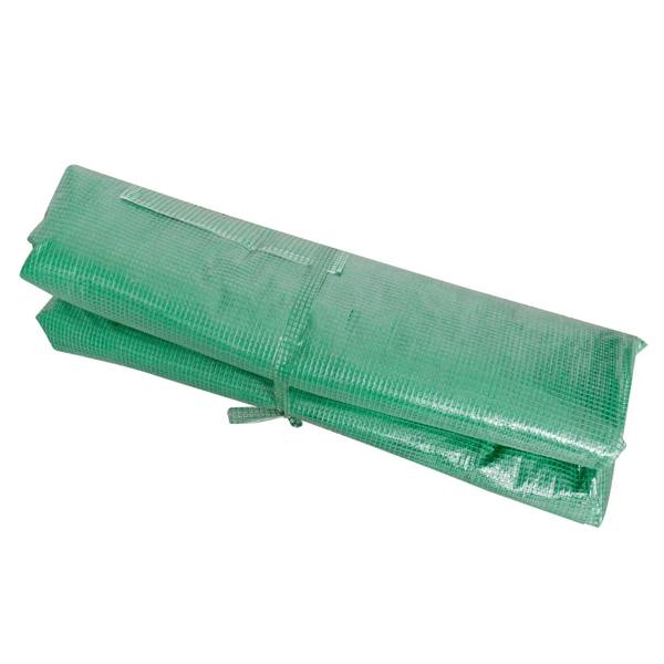 Green greenhouse tunnel cover replacement, compact rolled fabric bundle