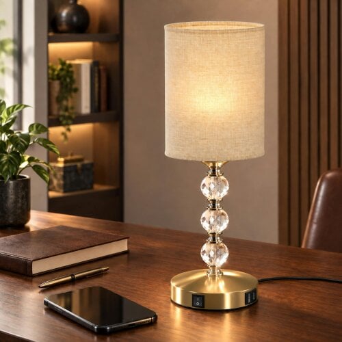 HOMCOM Bedside Lamp, Crystal Decoration Table Lamp, PVC shade