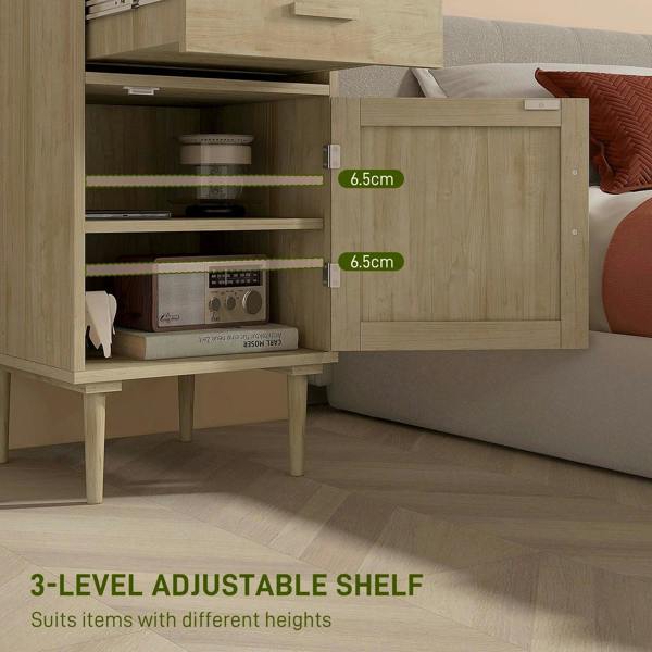 Rattan bedside cabinet with open storage and adjustable shelf levels, natural wood finish.