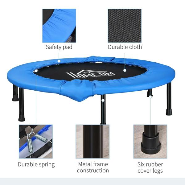 Blue mini trampoline with safety pad, metal frame, and spring details