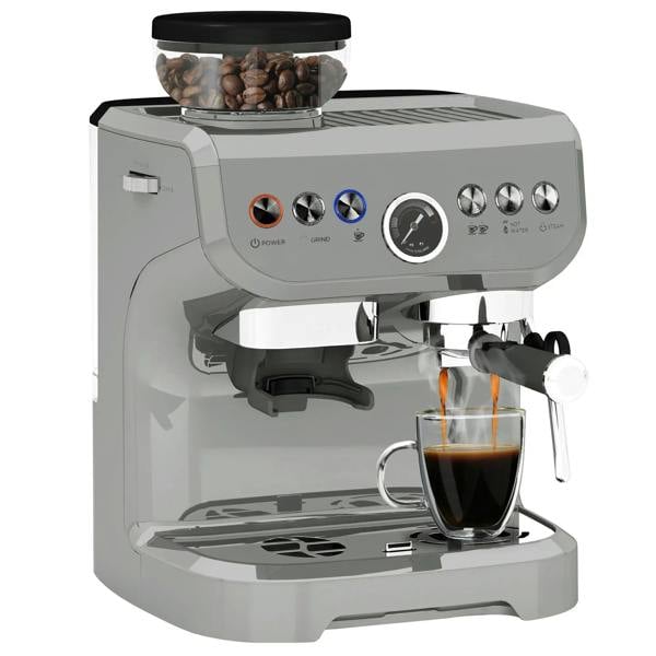 Silver 15-bar espresso coffee machine with steam wand, front controls, drip tray