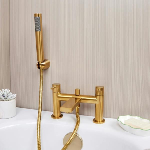 Flode Eslov | Bath Shower Mixer Tap | Includes Handset and Holder | Brushed Brass