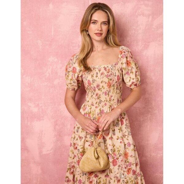 Blue Vanilla Milkmaid Floral Puff Sleeve Shirred Midi Dress
