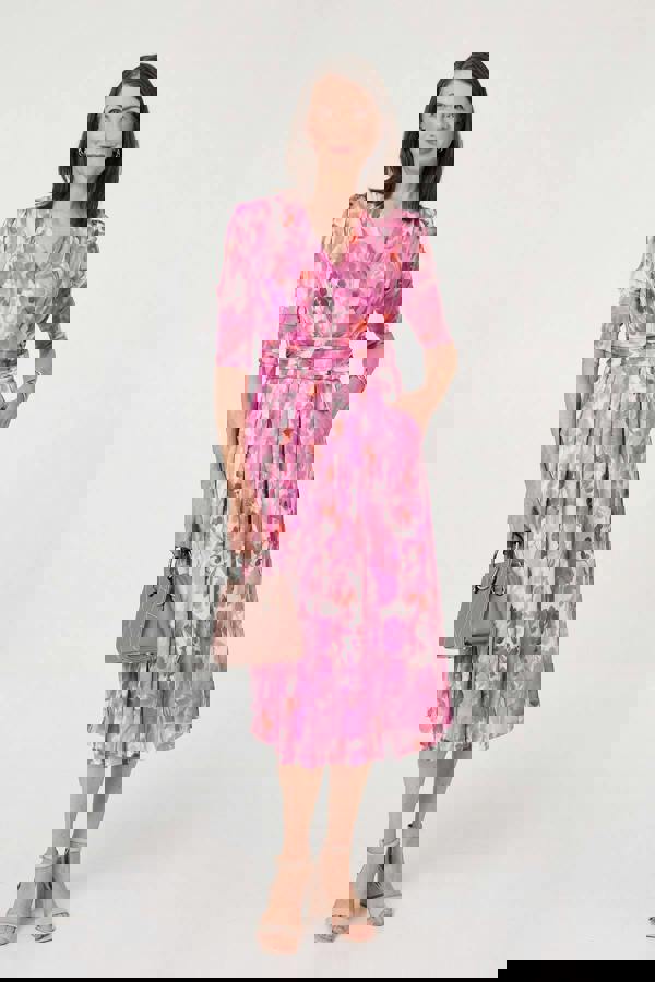 Pink | Printed Mesh Layer Pleat Wrap Midi Dress