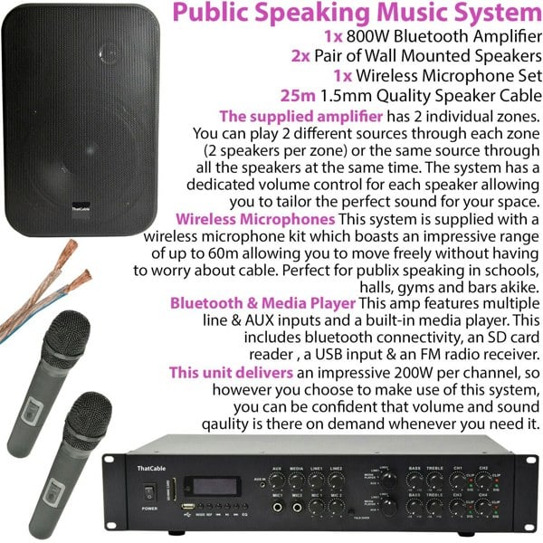 800W Bluetooth Sound System 4x Black 200W Wall Speaker Amp Wireless Microphones