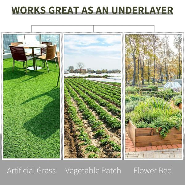 Black weed control membrane used as underlayer beneath artificial grass and plants