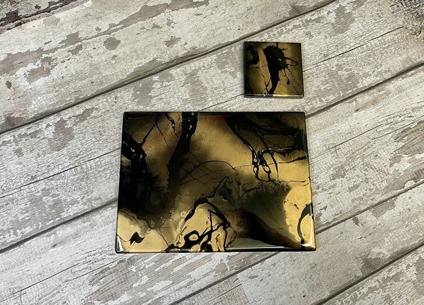 Kate Chesters Art Black Gold Resin Placemats and Coasters Dining Set - Heat Tolerant