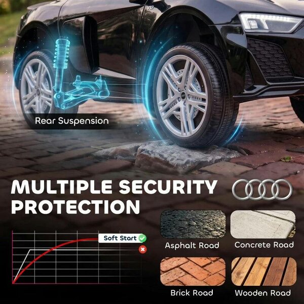 Licensed Audi R8 Spyder 12V Electric Car for Kids with Remote Control, Dual Motors, Rear Suspension, Soft Start, Black