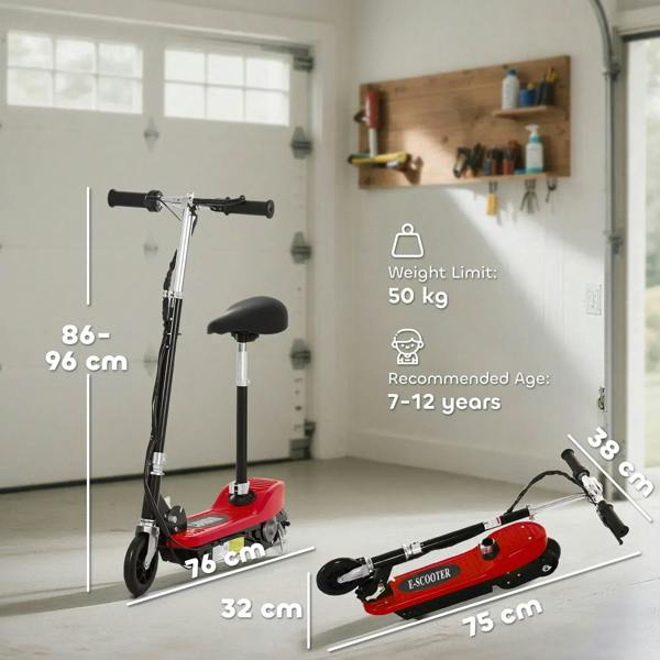 Red electric ride-on scooter with black seat and handlebar grips, indoor view with wheels.