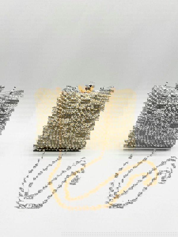 SVNX Luxurious Gold Pearl Embellished Clutch Bag