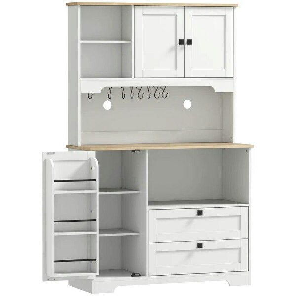 Kitchen Cupboard, Freestanding Kitchen Cabinet with 2 Cabinets, 2 Drawers, Open and Adjustable Shelves, White