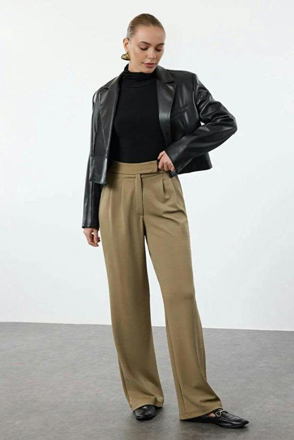 WOVCOR High Waist Pleated Wide Leg Trousers with Velcro Closure