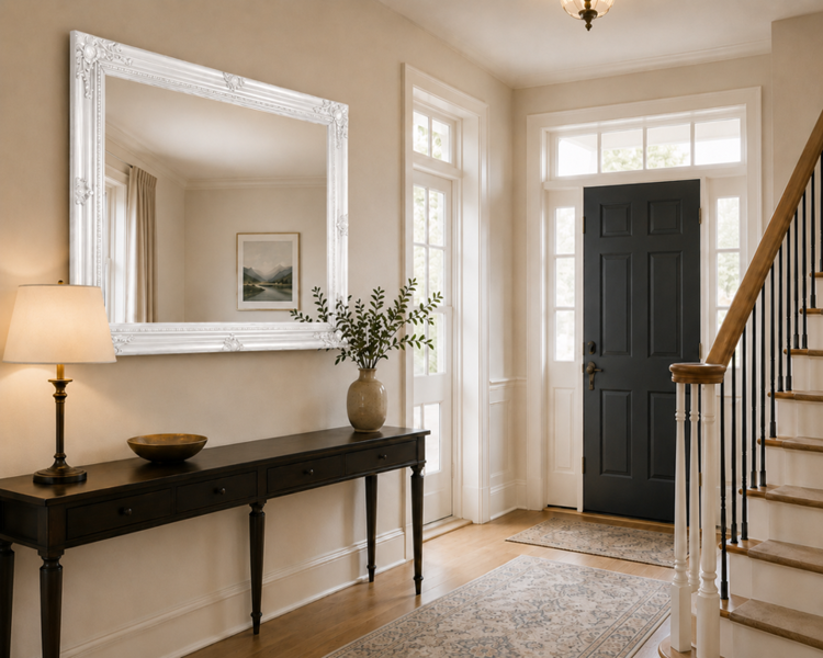Downton Interiors Antique Style Extra Large White Wood Frame Wall Mirror 106cm x 75cm