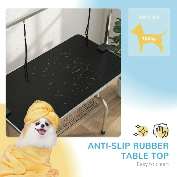 Black anti-slip rubber grooming table top with hanging loops and wire storage rack