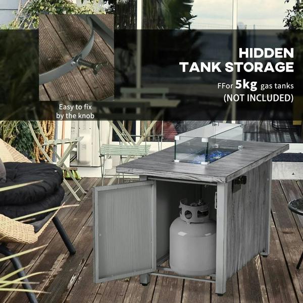 Grey gas fire pit table with hidden tank storage compartment and glass screen