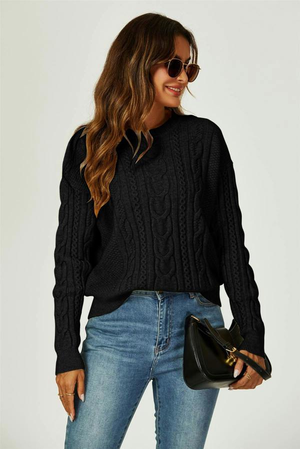 FS Collection Cable Knit Crew Neck Jumper In Black