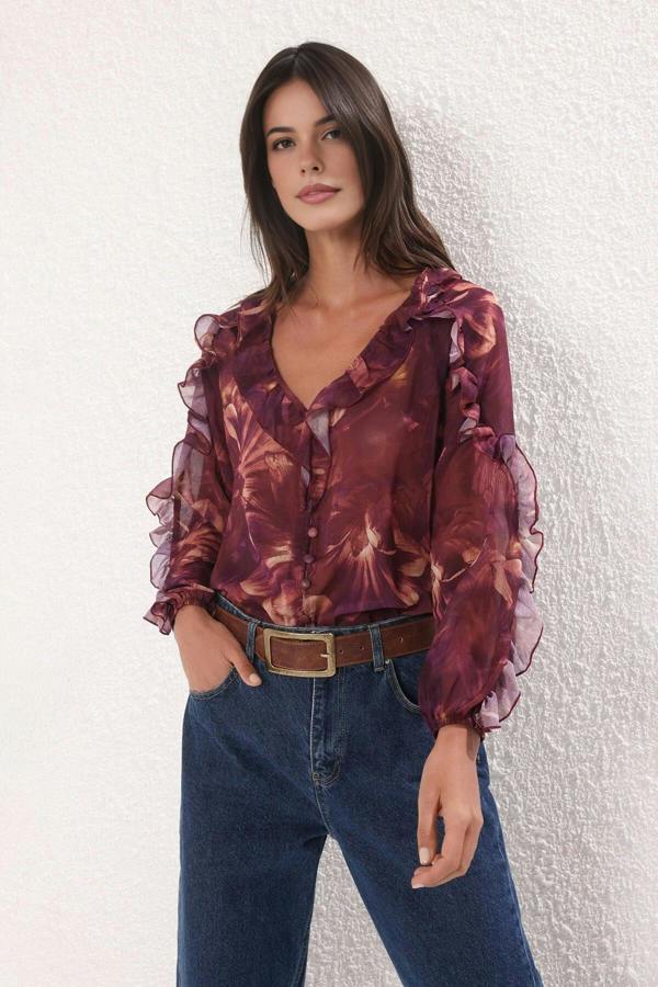 WOVCOR Chiffon Transparent Floral Ruffled Woven Shirt