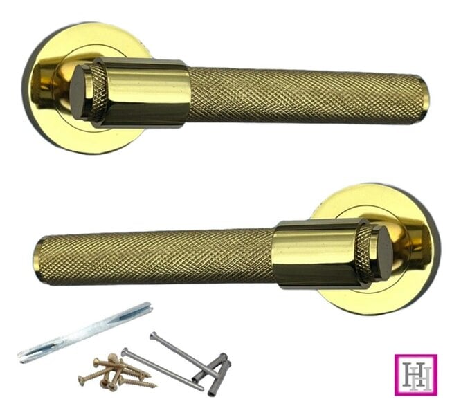 EDH Door Hardware Knurled Door Handles Polished Brass Loop & Neck On Round Rose Latch Handle, 4 Pairs