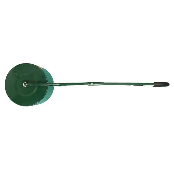 Green metal garden lawn roller with long handle and round drum