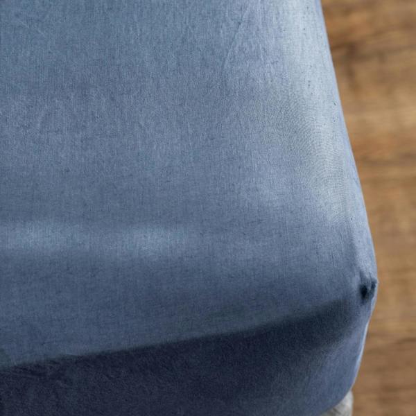 Denim Blue French Linen 40cm Deep Fitted Sheets styled in a bedroom | Soak and Sleep