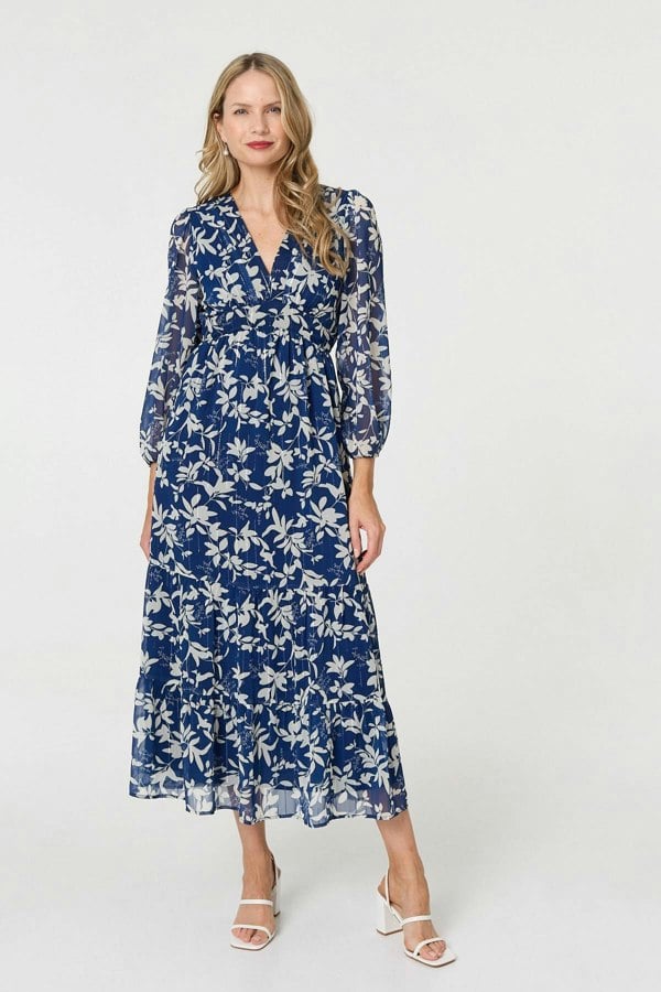 Navy | Leaf Print Sheer Layer Empire Maxi Dress
