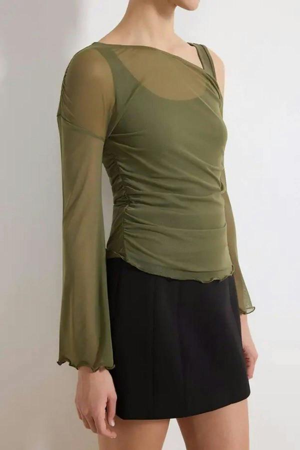 WOVCOR Fitted Asymmetric Neck Long Sleeve Ruched Mesh Blouse