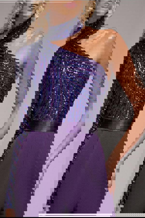 One Shoulder Sequin Jumpsuit - Purple TR293