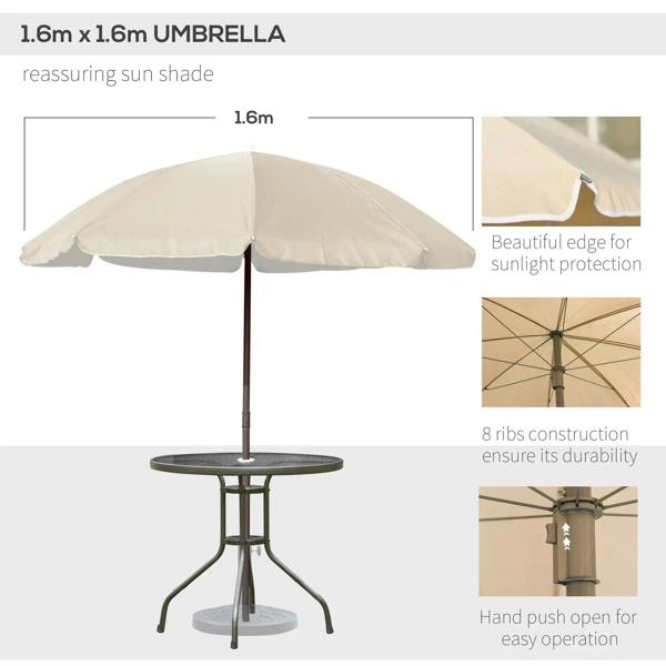 Beige umbrella with push-open pole and round bistro table with umbrella stand