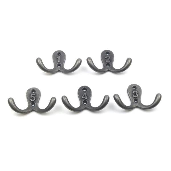 Antique Cast Iron Twin Robe Hooks Numbered 1 to 5 - Pack of 5 Hooks
