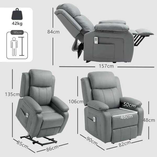 Riser and Recliner Chair with Massage, PU Leather Power Electric Lift Chair for Elderly with High Back, Grey