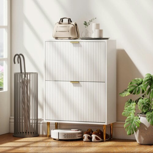 Wyld Haus Baviva Wooden White Elegant 2 Drawer Shoe Cabinet Ribbed Design