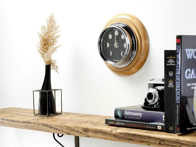 Tabic Handmade Prestige Moon Phase Clock in Chrome on an English Light Oak Wall Mount