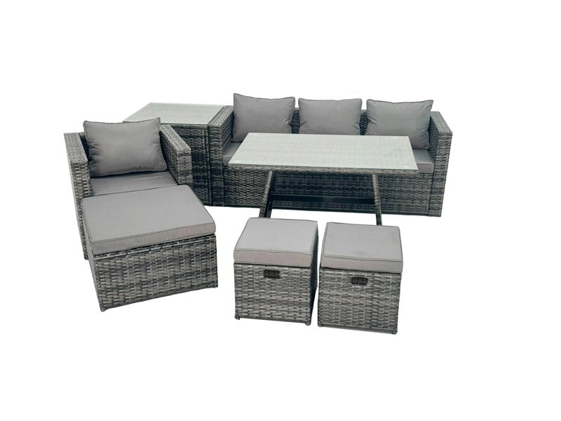 Fimous Rattan Dining Table Sofa Armchair Set with Side Table 3 Footstools Outdoor Garden Furniture Set Dark Grey Mixed