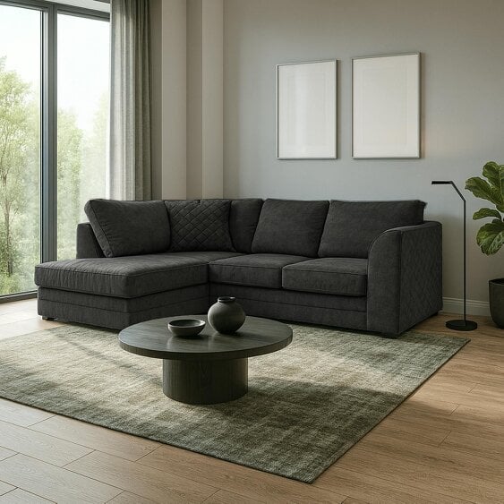 Furnishings For Less Quilted Chenille Full Back Corner Sofa - Black - Left Hand Facing