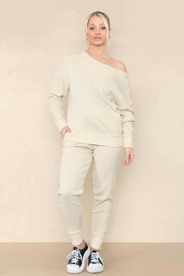 Women Beige Winter Warm Knitted Boat neck Co-Ord Solid Two Piece Loungewear Outfits Set - Elaina Fashion