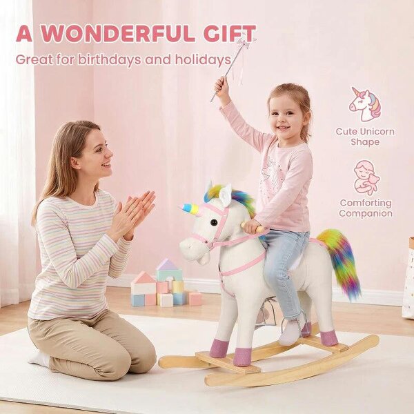 Rocking Horse, Unicorn Ride on Horse with Sounds and Stable Wooden Base for 1-3 Years, Cream White
