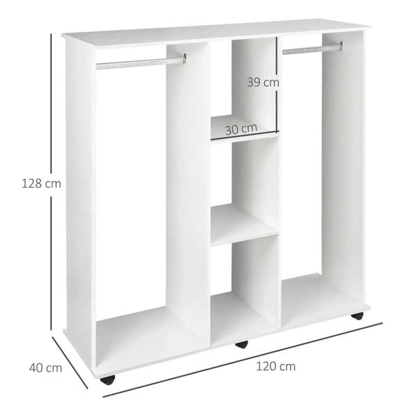 White double open wardrobe with hanging rod and inner three-tier shelves
