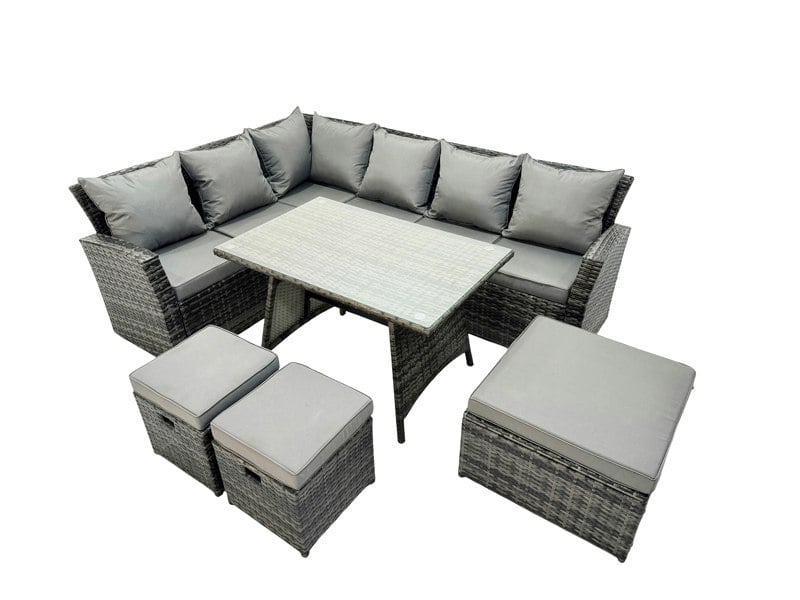 Fimous 9 Seater High Back Rattan Garden Furniture Set Corner Sofa With Oblong Dining Table 3 Footstool