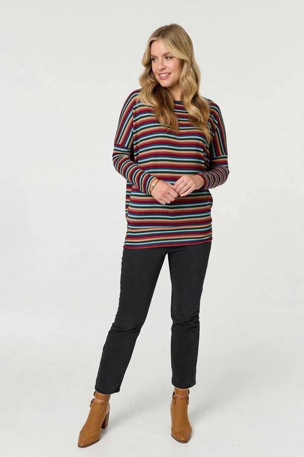 Red | Striped Print Relaxed Batwing Top
