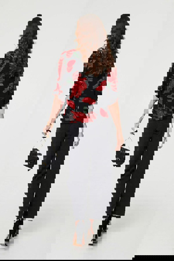 Red | Floral Semi Sheer Puff Sleeve Blouse
