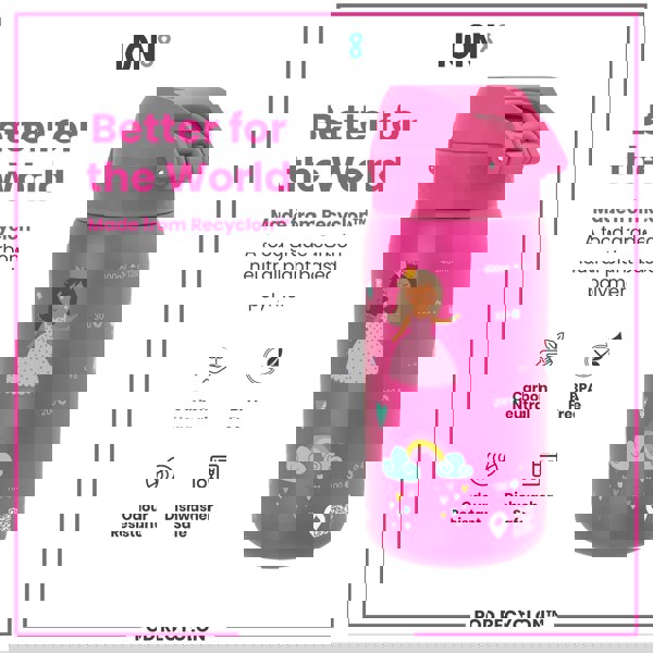 A pink, child-sized water bottle, featuring a princess design and measurement markers, sits against a white background, advertising its eco-friendly, plant-based material.