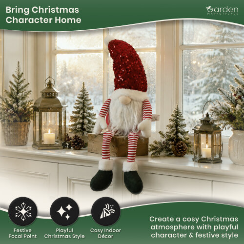 Large Red Glam Christmas Gonk Figure, 75cm Sitting Decoration with Sparkly Sequined Hat, Soft Polyester Indoor Ornament