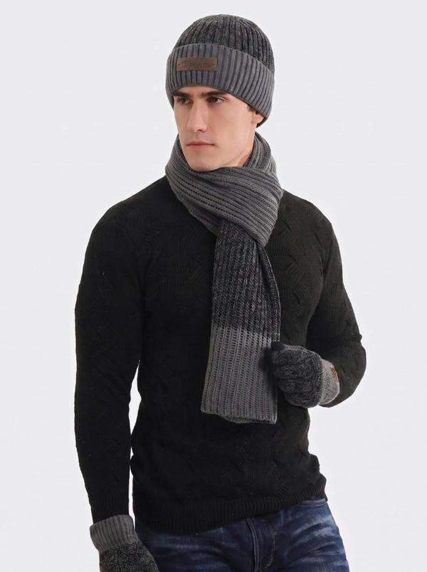 Anniou Men Color Block Rib Knit Hat Scarf  Gloves Set - Dark Grey