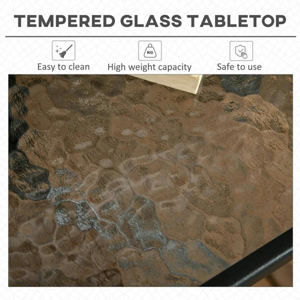 Tempered glass table top on black square outdoor dining table with umbrella hole