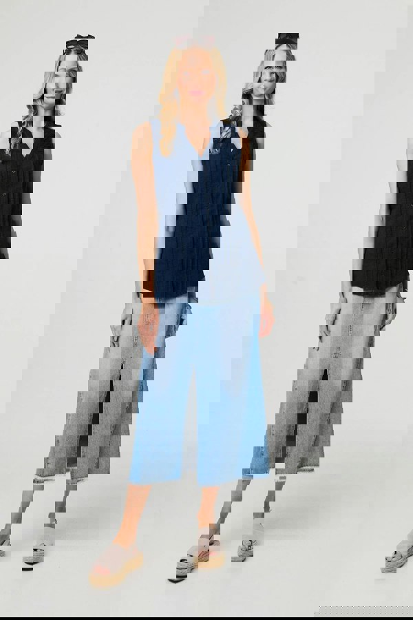 Blue | Lace Trim Sleeveless V-Neck Blouse
