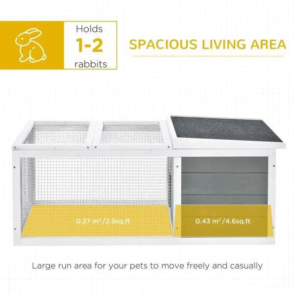 White rabbit hutch with wire mesh inner area and dark asphalt-style roof
