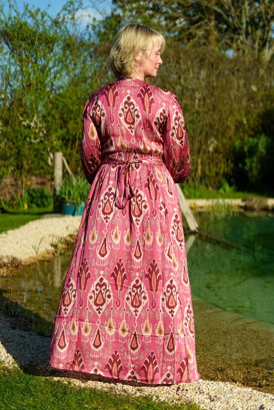 Rose Pink Aztec print satin button through maxi dress